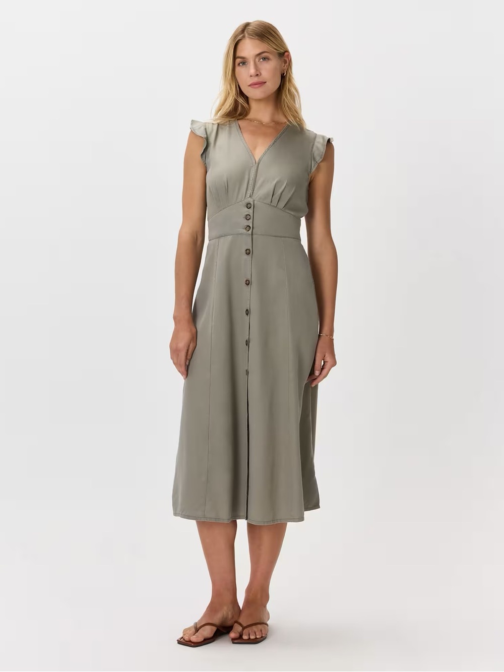 Quince Vintage Wash Tencel Button Front Midi Dress Olive V-Neck Pockets Casual